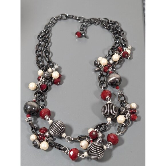 Premier Designs Gunmetal Red Bead Faux Pearl Double Layer Necklace Goth 20" - Picture 2 of 8